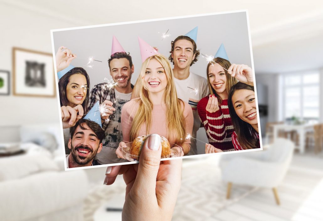 Friends with party hats on birthday card