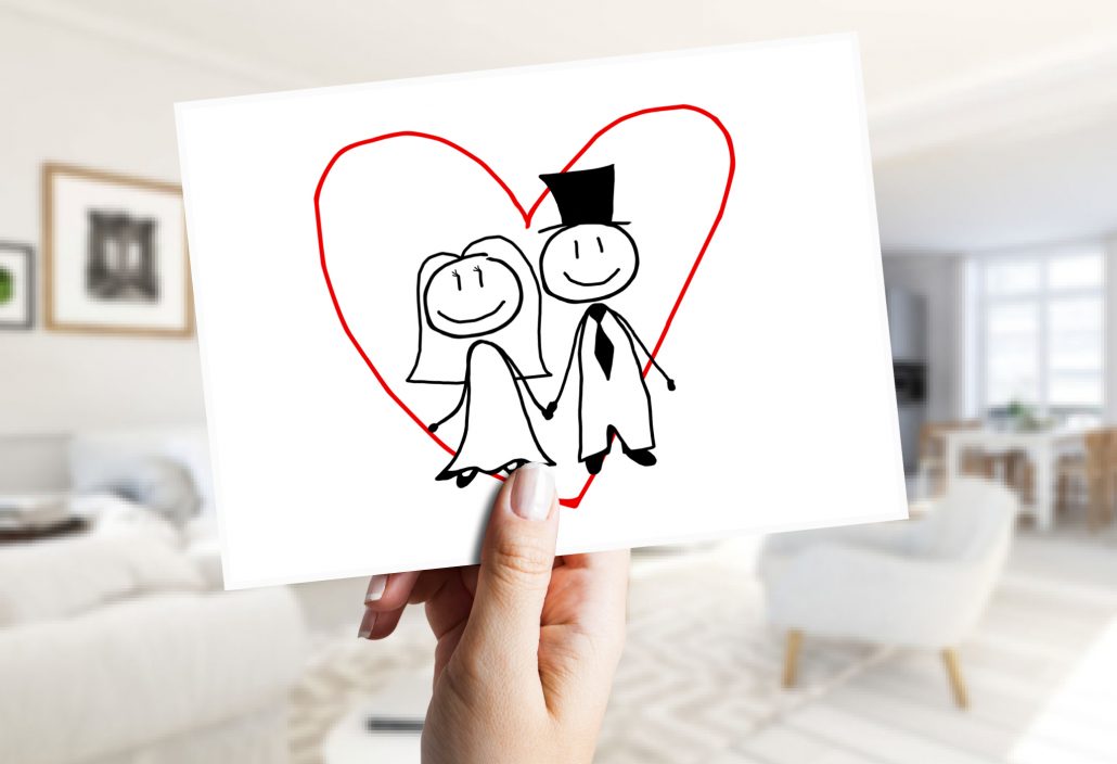 Einladungskarte mit einem Hochzeitspaar als minimalistisch Karikatur